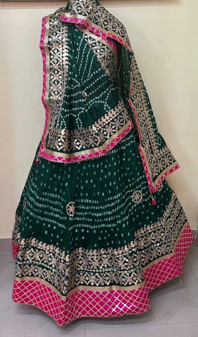 Bandhej Silk Lehenga with Gotta Patti Aari Work - KANHASAREE