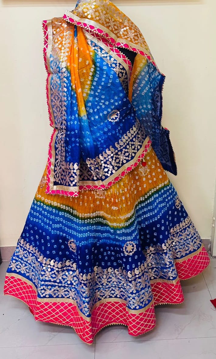 Bandhej Silk Lehenga with Gotta Patti Aari Work - KANHASAREE