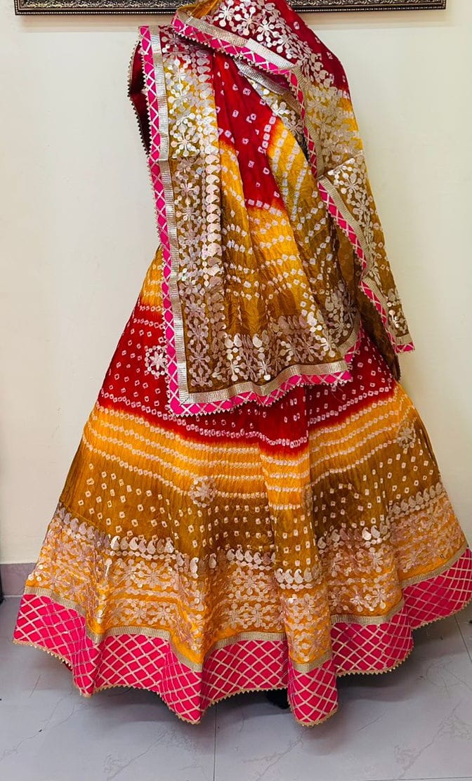 Bandhej Silk Lehenga with Gotta Patti Aari Work - KANHASAREE