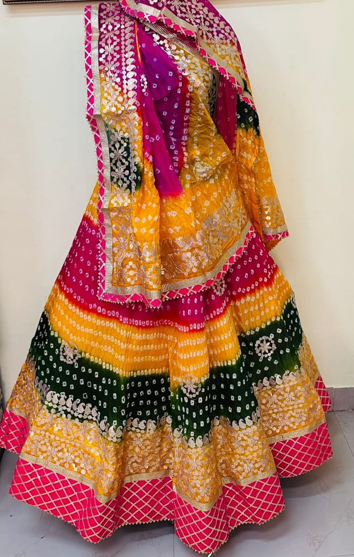 Bandhej Silk Lehenga with Gotta Patti Aari Work - KANHASAREE