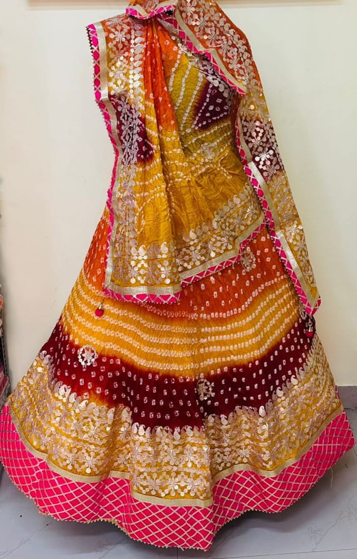 Bandhej Silk Lehenga with Gotta Patti Aari Work - KANHASAREE