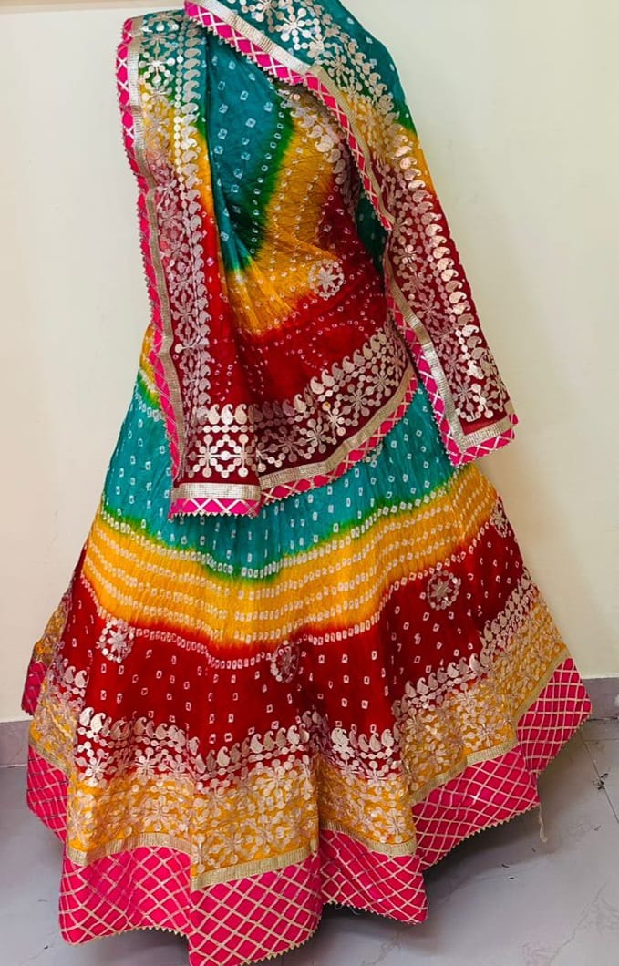 Bandhej Silk Lehenga with Gotta Patti Aari Work - KANHASAREE