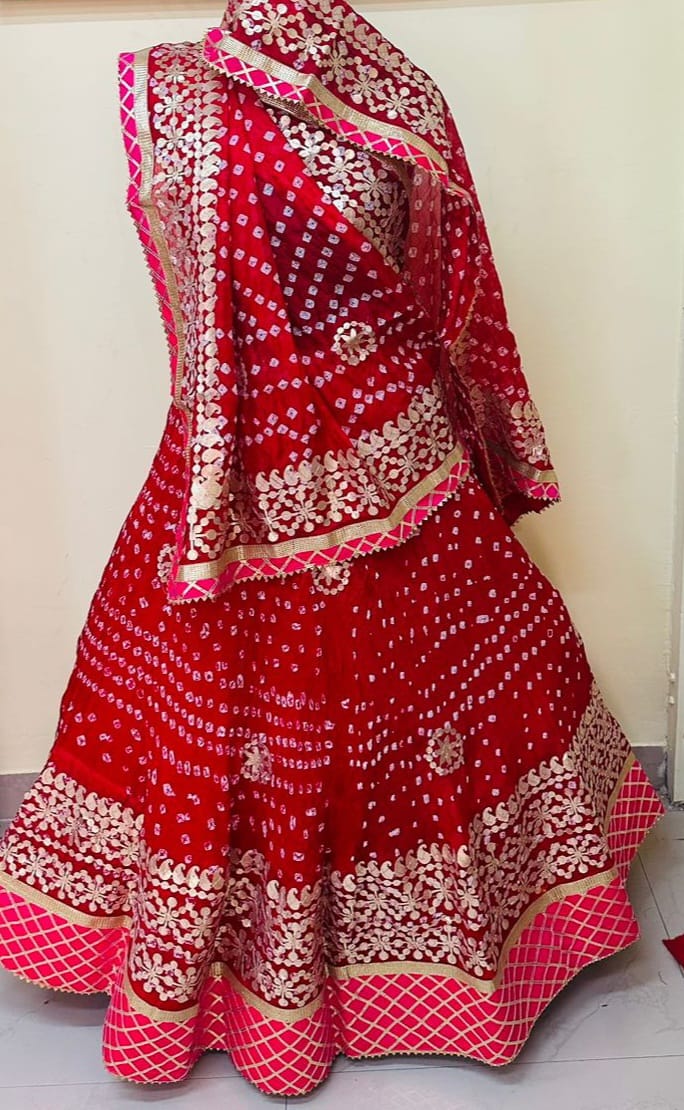 Bandhej Silk Lehenga with Gotta Patti Aari Work - KANHASAREE