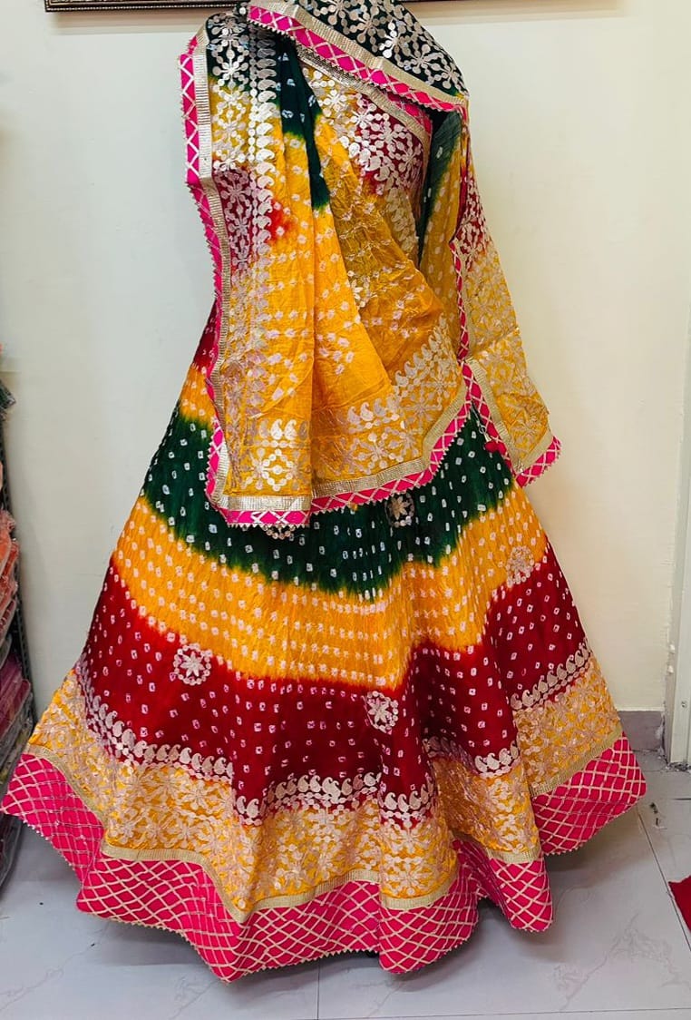 Bandhej Silk Lehenga with Gotta Patti Aari Work - KANHASAREE