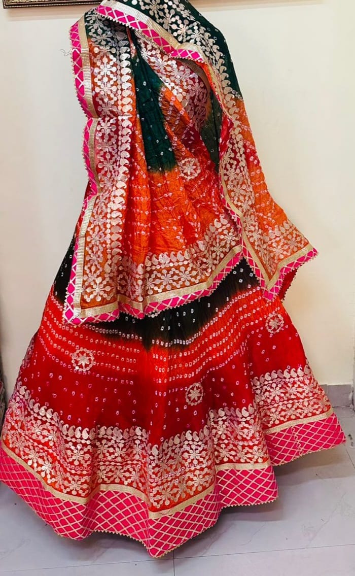 Bandhej Silk Lehenga with Gotta Patti Aari Work - KANHASAREE