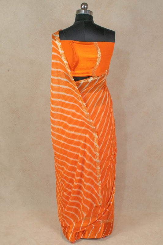 Pure Georgette Tie Dye Orange White Leheriya Saree - Kanhasarees by ksds