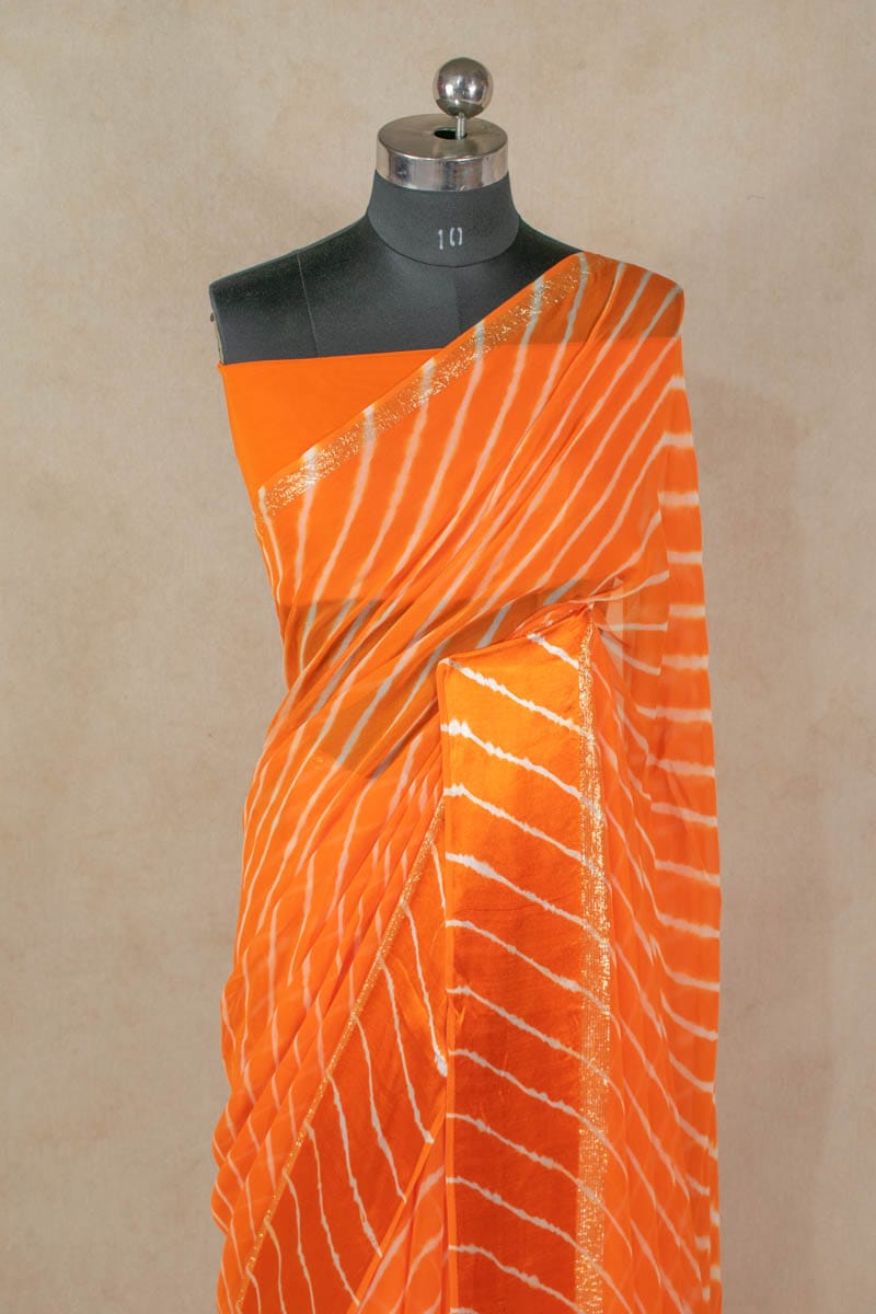 Pure Georgette Tie Dye Orange White Leheriya Saree - KANHASAREE