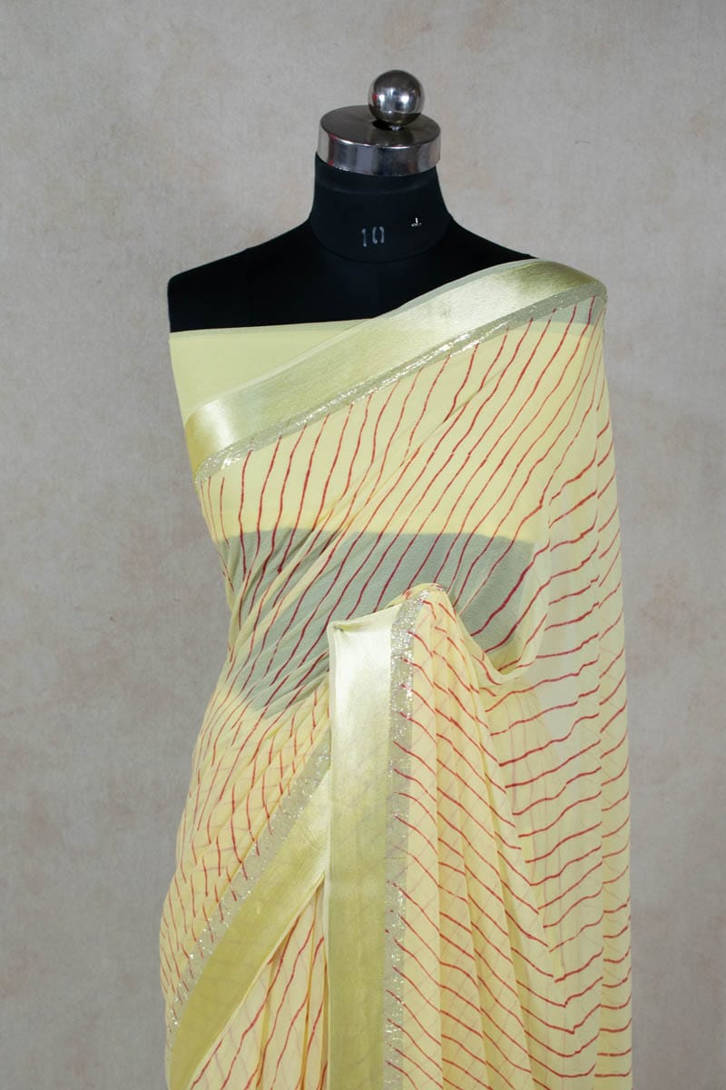 Pure Georgette Tie Dye Yellow White Leheriya Saree - KANHASAREE