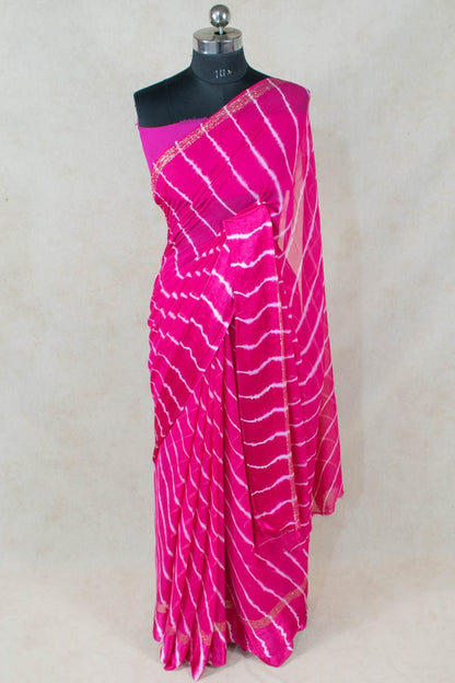 Pure Georgette Tie Dye Pink White Leheriya Saree - KANHASAREE