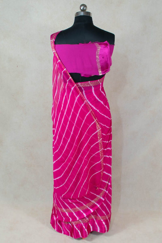 Pure Georgette Tie Dye Pink White Leheriya Saree - Kanhasarees by ksds