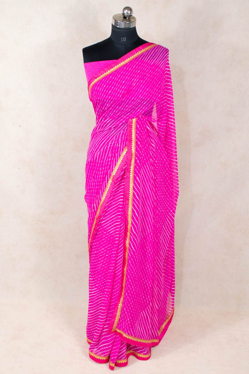 Pink Georgette Leheriya Saree with Gota Border - KANHASAREE