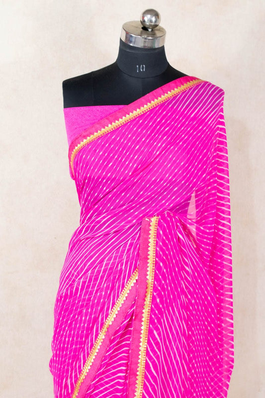 Pink Georgette Leheriya Saree with Gota Border - Kanhasarees by ksds