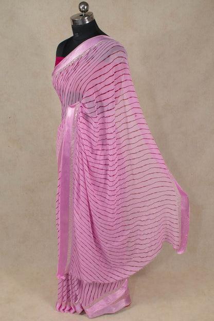 Pink Hand Screen Print Leheriya Saree - KANHASAREE