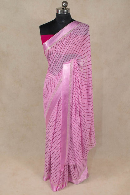 Pink Hand Screen Print Leheriya Saree - KANHASAREE