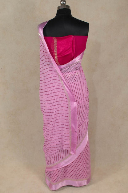 Pink Hand Screen Print Leheriya Saree - KANHASAREE