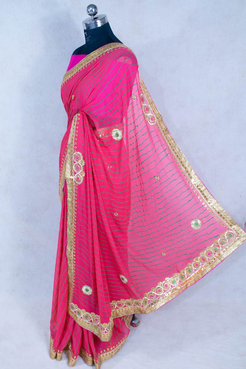 Pure Georgette Jaipuri Dye Hand Gota Stone Work Saree - KANHASAREE