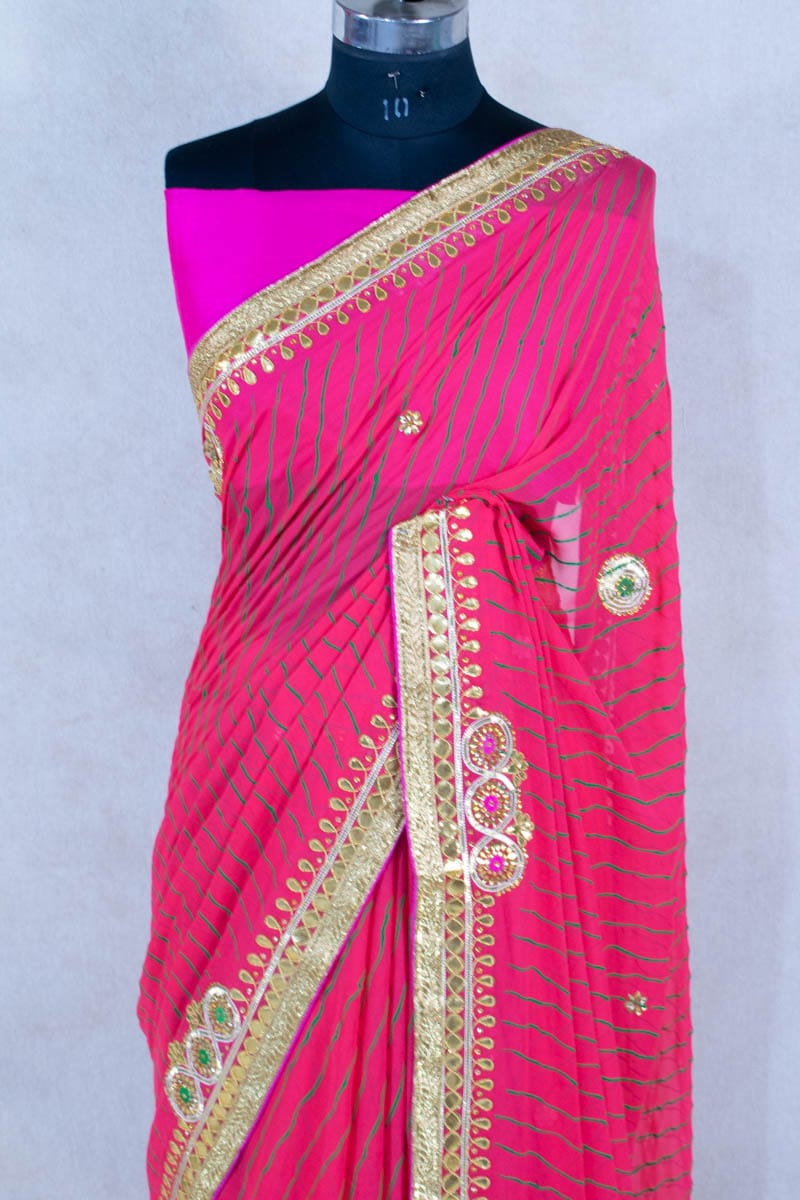 Pure Georgette Jaipuri Dye Hand Gota Stone Work Saree - KANHASAREE