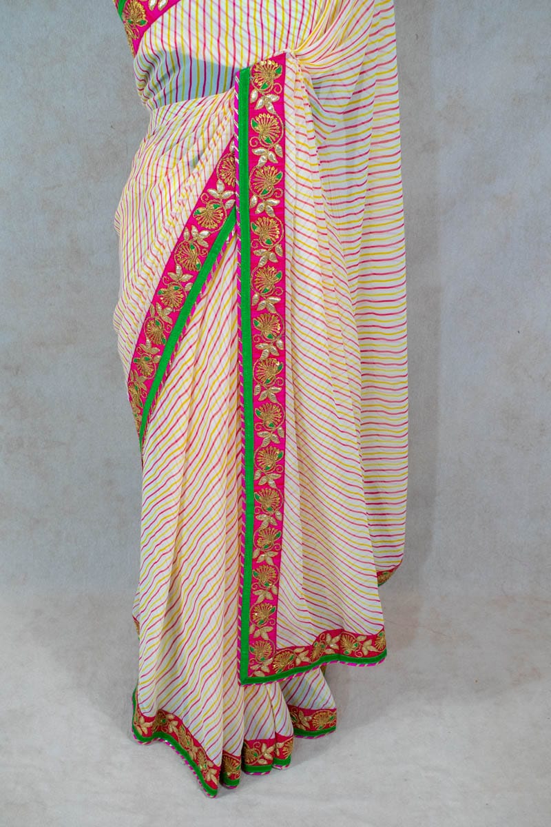 Cream Leheriya Georgette Saree with Heavy Border - KANHASAREE