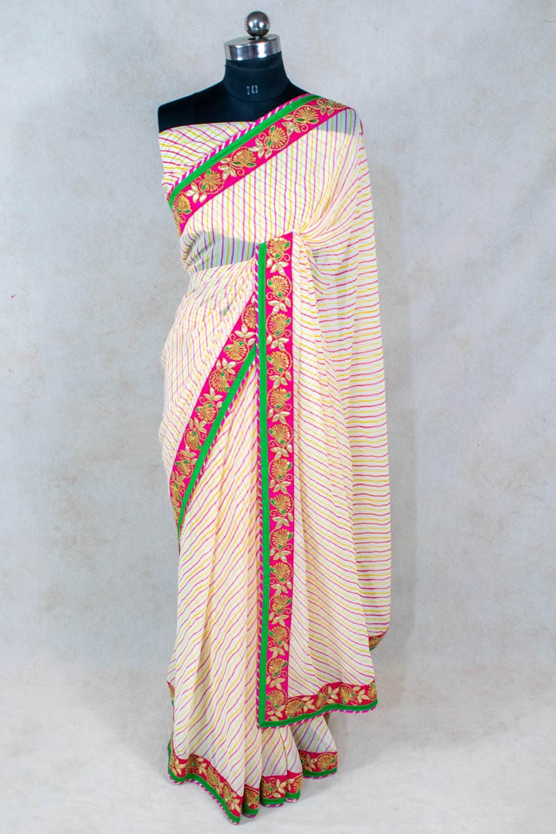 Cream Leheriya Georgette Saree with Heavy Border - KANHASAREE