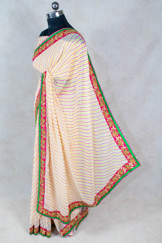 Cream Leheriya Georgette Saree with Heavy Border - Kanhasarees by ksds
