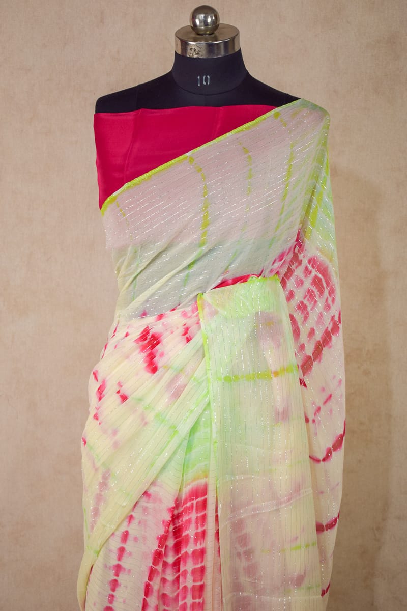 Georgette Saree with Shibori Dying and Contrast Blouse - KANHASAREE