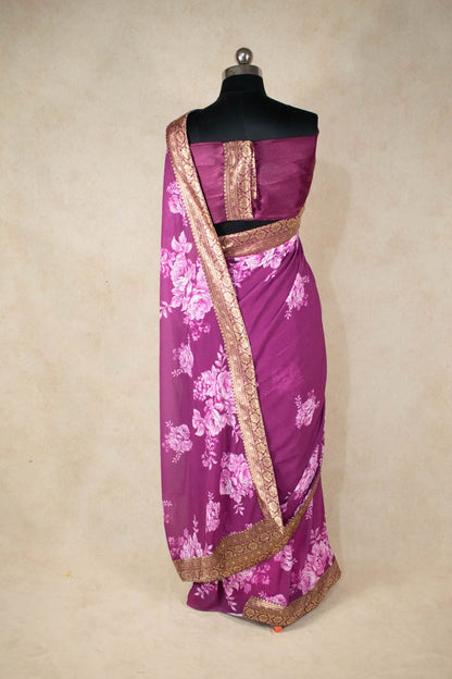 Soft Organza Flower Print Silk Saree with Small Banarsi Border - KANHASAREE