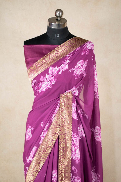 Soft Organza Flower Print Silk Saree with Small Banarsi Border - KANHASAREE