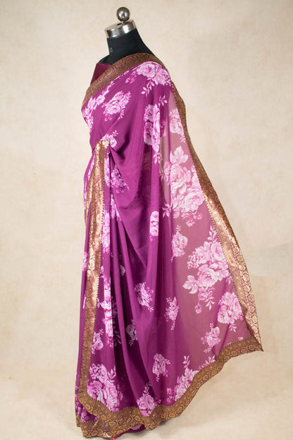 Soft Organza Flower Print Silk Saree with Small Banarsi Border - KANHASAREE