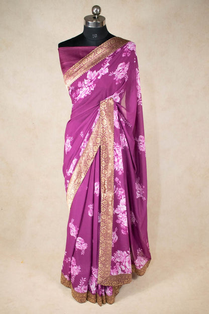 Soft Organza Flower Print Silk Saree with Small Banarsi Border - KANHASAREE