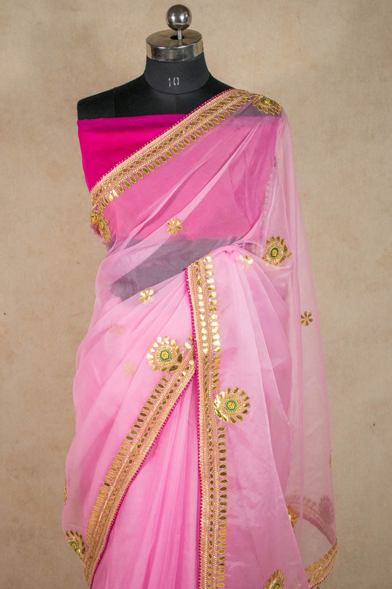 Pink Organza Gota Patti Saree with Dhupian Silk Blouse - KANHASAREE