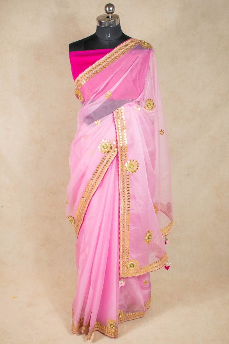 Pink Organza Gota Patti Saree with Dhupian Silk Blouse - KANHASAREE