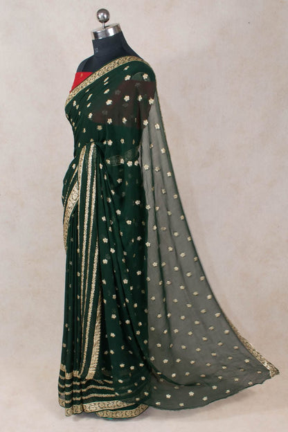 Dark Green Georgette Zari Work Saree and Blouse - KANHASAREE