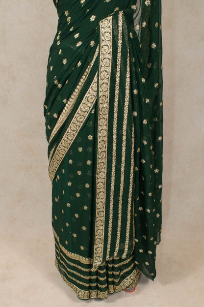 Dark Green Georgette Zari Work Saree and Blouse - KANHASAREE