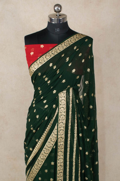 Dark Green Georgette Zari Work Saree and Blouse - KANHASAREE