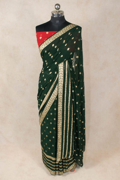 Dark Green Georgette Zari Work Saree and Blouse - KANHASAREE