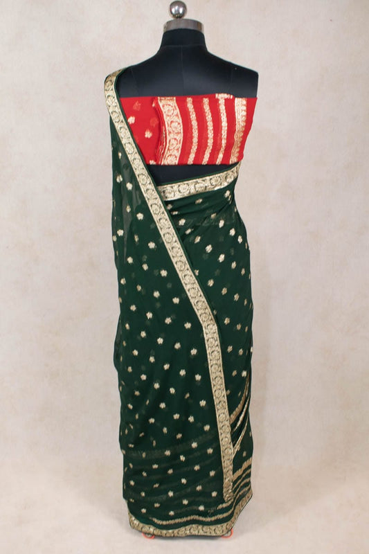 Dark Green Georgette Zari Work Saree and Blouse - Kanhasarees by ksds