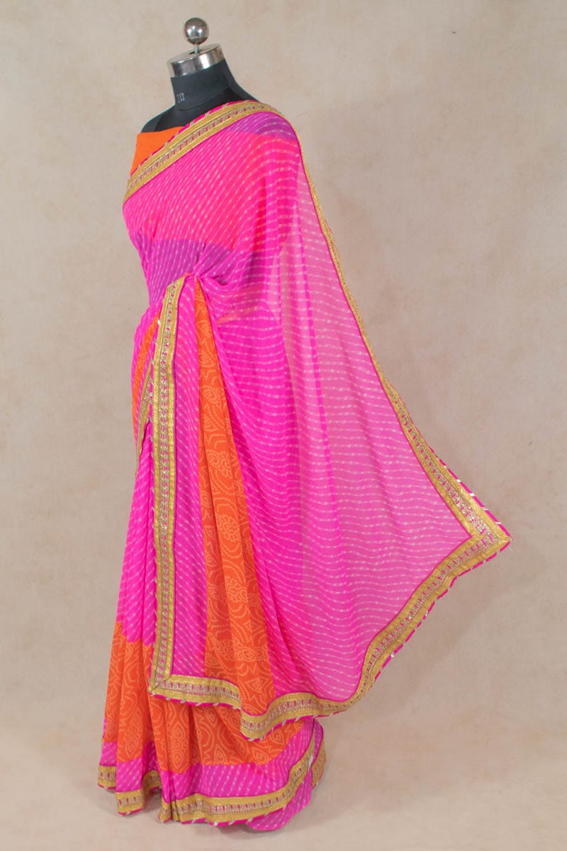 Georgette Saree with Dhupian Silk Blouse and Gota Work - KANHASAREE