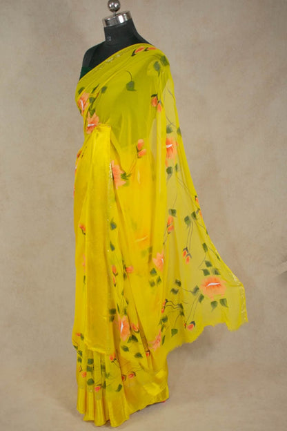 Pure Georgette Hand Paint Flower Print Saree with Satin Border - KANHASAREE