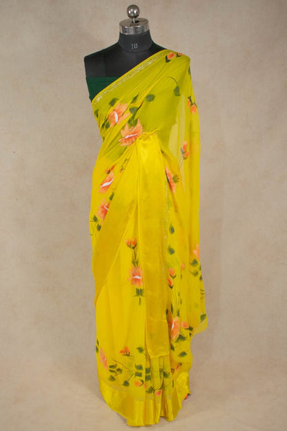 Pure Georgette Hand Paint Flower Print Saree with Satin Border - KANHASAREE