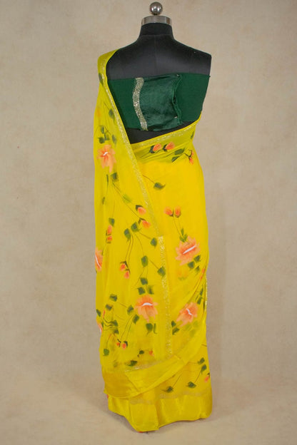 Pure Georgette Hand Paint Flower Print Saree with Satin Border - KANHASAREE