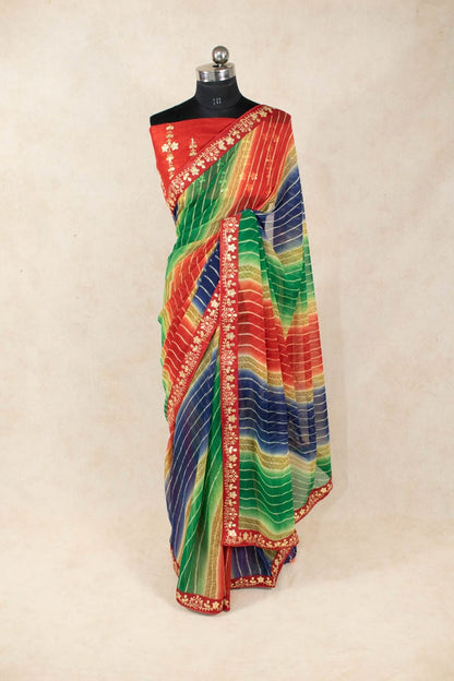 Multi-Colour Leheriya Saree with Gota Work Border - KANHASAREE