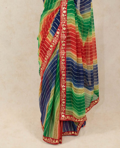 Multi-Colour Leheriya Saree with Gota Work Border - KANHASAREE