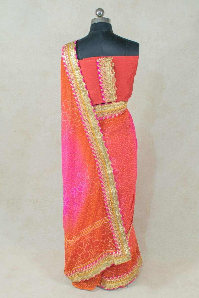 Pure Georgette Leheriya Saree with Gota Border and Dhupian Blouse - KANHASAREE