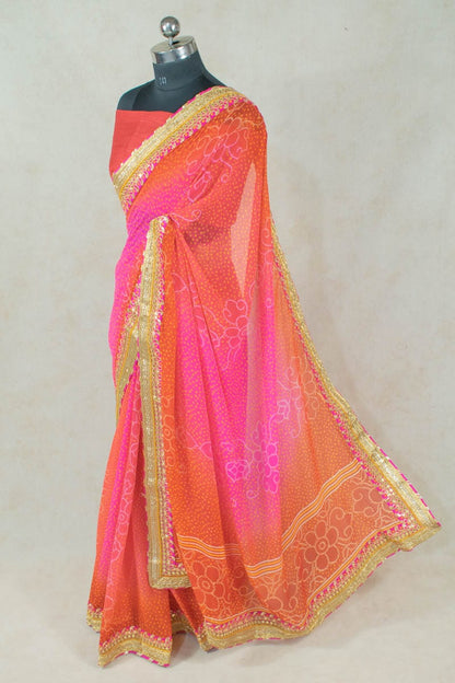 Pure Georgette Leheriya Saree with Gota Border and Dhupian Blouse - KANHASAREE