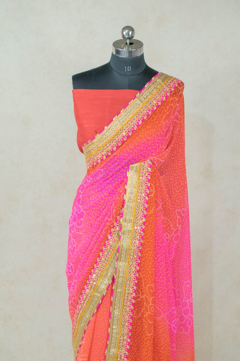 Pure Georgette Leheriya Saree with Gota Border and Dhupian Blouse - KANHASAREE