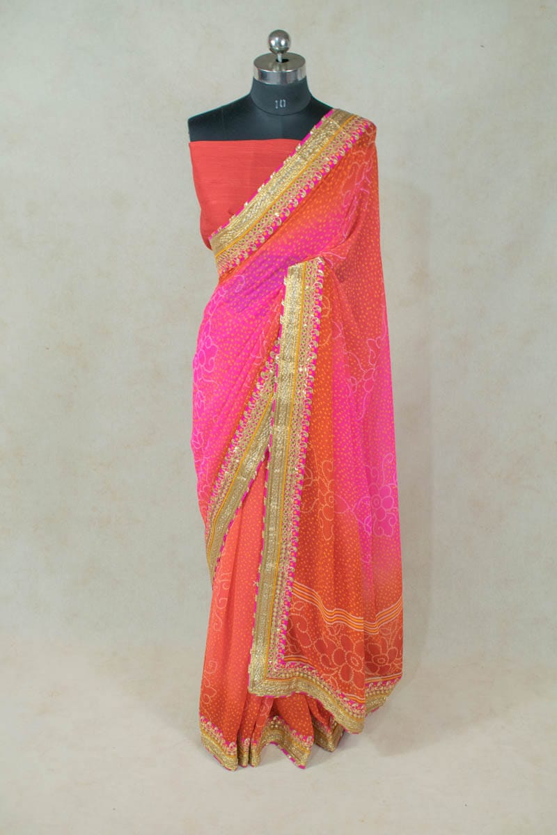 Pure Georgette Leheriya Saree with Gota Border and Dhupian Blouse - KANHASAREE