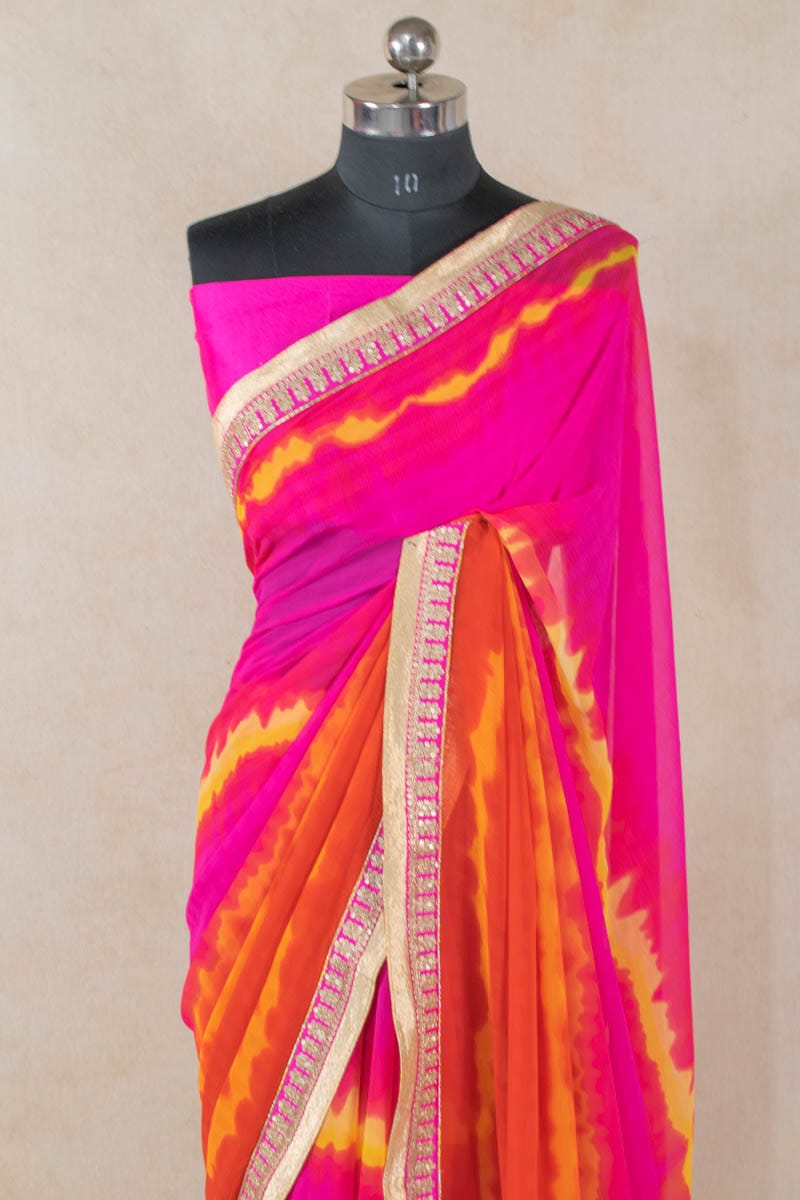 Georgette Saree with Dhupian Silk Blouse and Gota Work - KANHASAREE