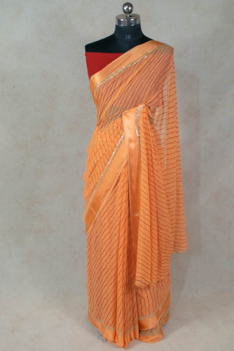 Leheriya Georgette Saree with Hand Painted Pittan Work - KANHASAREE