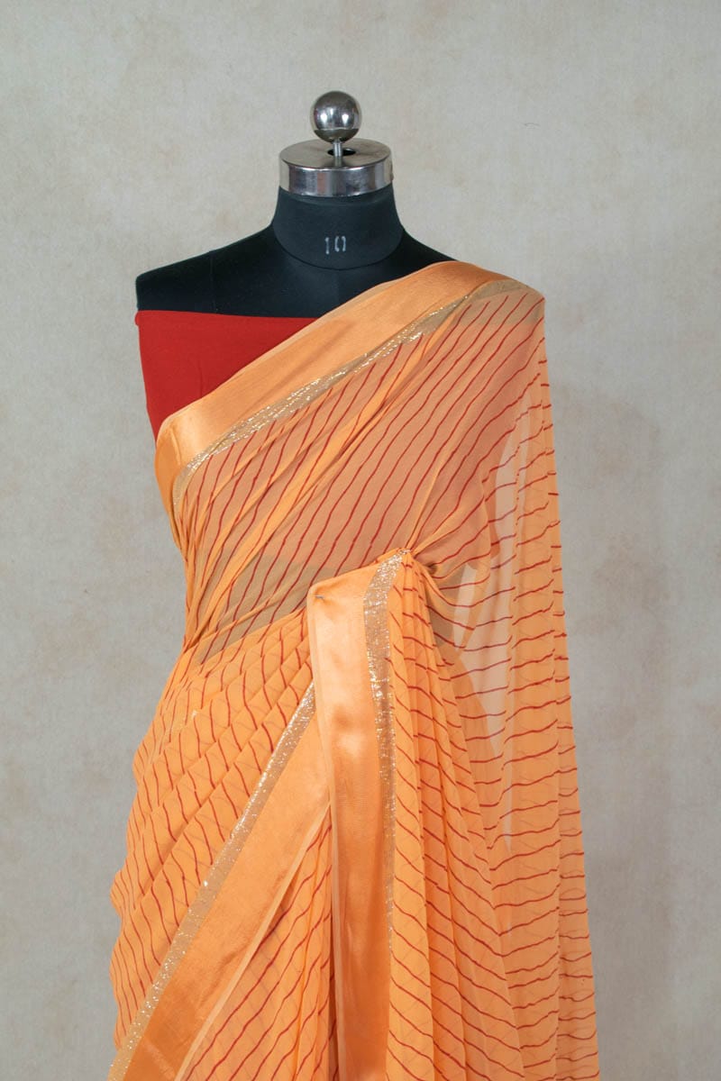 Leheriya Georgette Saree with Hand Painted Pittan Work - KANHASAREE