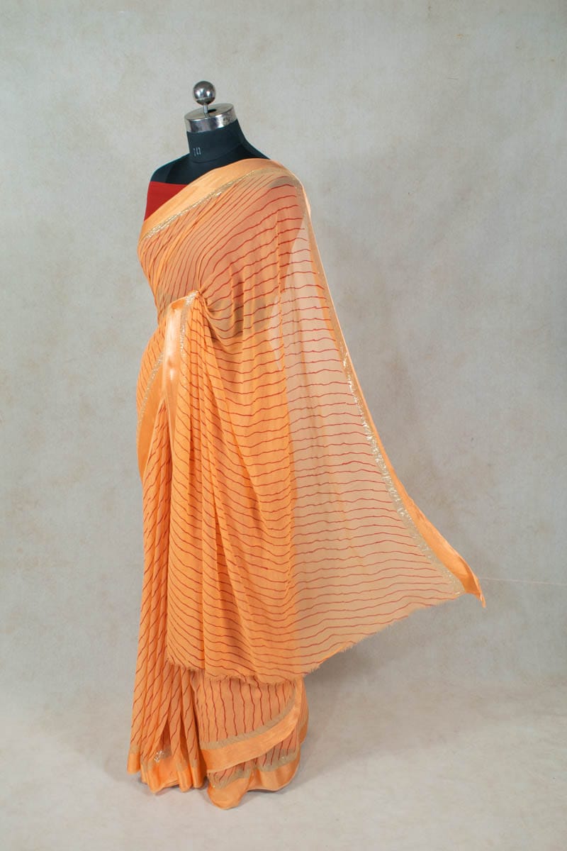 Leheriya Georgette Saree with Hand Painted Pittan Work - KANHASAREE